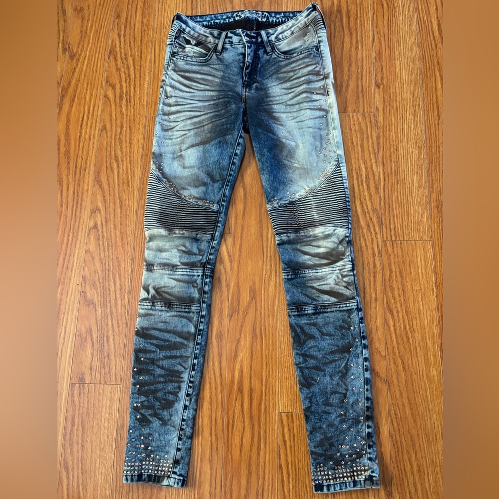 RARE * ROBIN’S JEANS MOTORCYCLE MOTO ACID WASH STUDDED JEANS * Cut 606966 * Y2K - Picture 4 of 17
